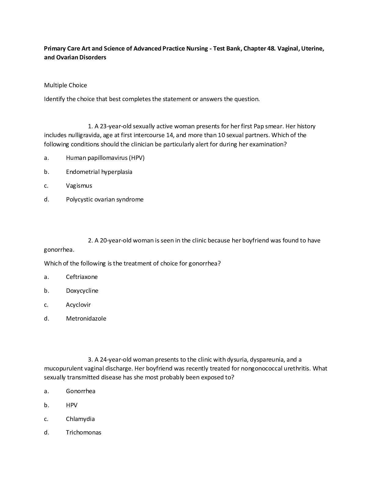 Preview image for Primary Care Art and Science of Advanced Practice Nursing - Test Bank, Chapter 48. Vaginal, Uterine, and Ovarian Disorders